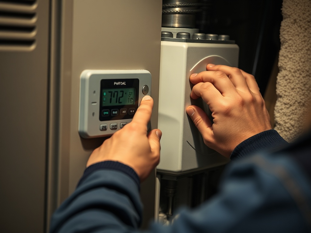 Technician checking furnace controls and thermostat readings