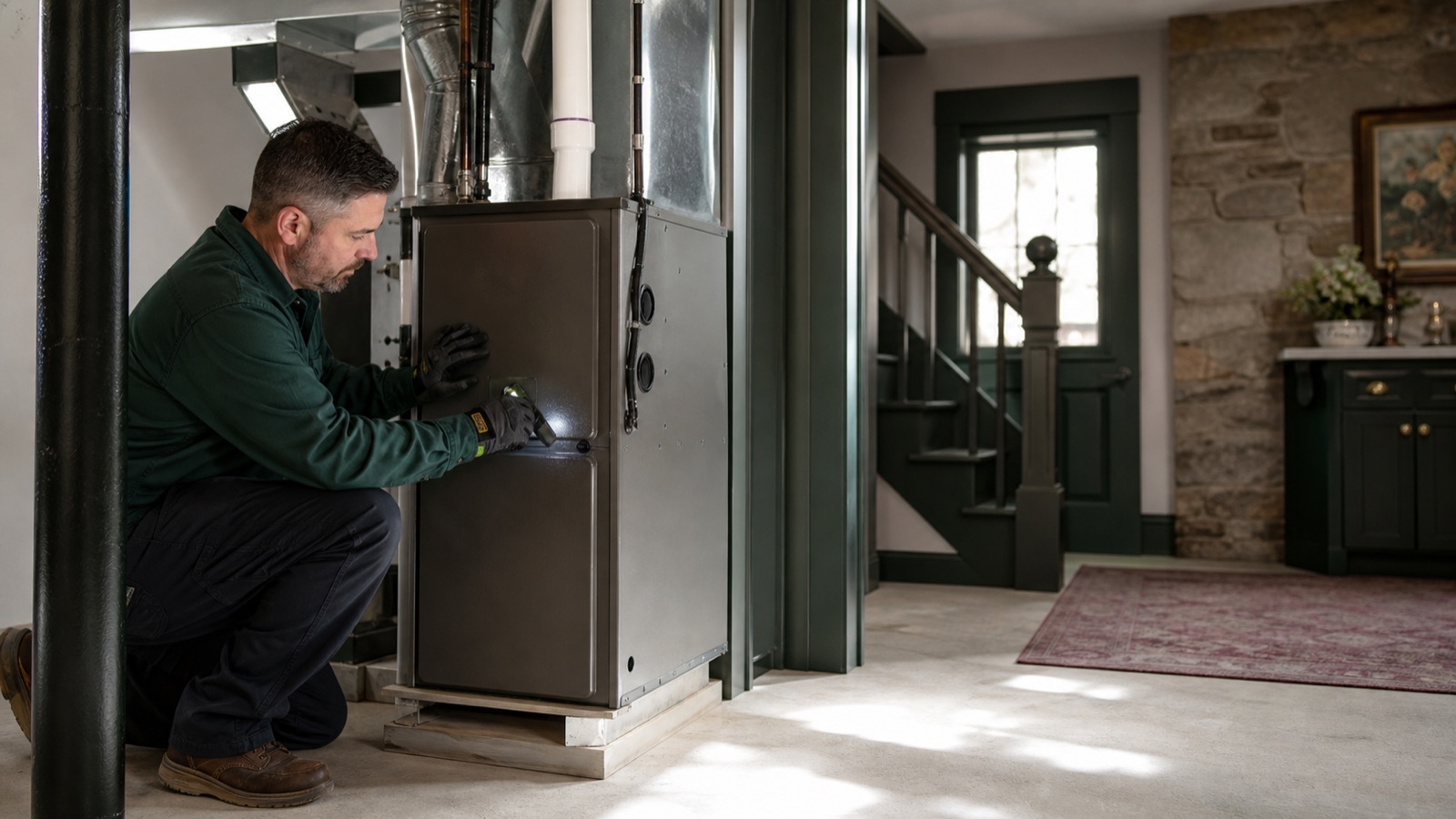 Heating professional inspecting a residential furnace